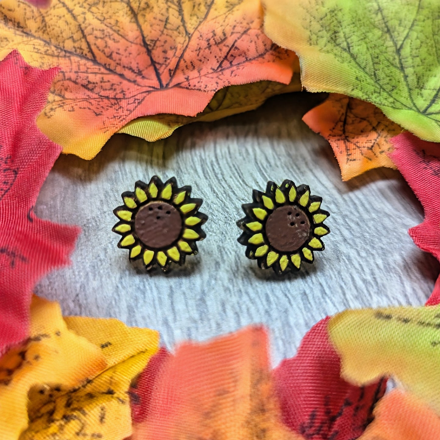 Hand painted sunflower wooden stud earrings