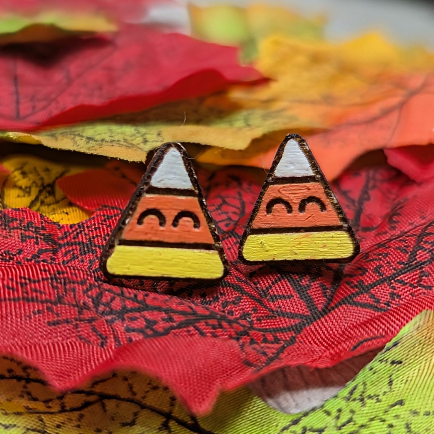 Hand painted candy corn wooden stud earrings