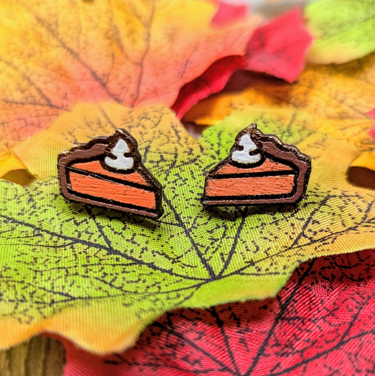 Hand painted pumpkin pie wooden stud earrings