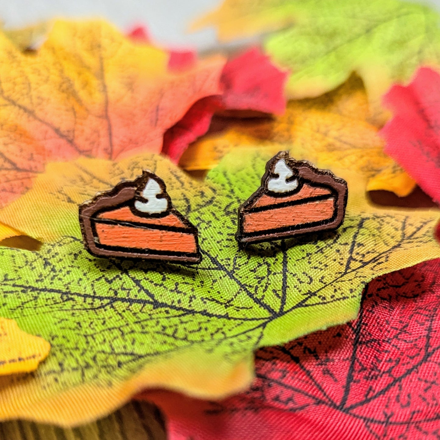 Hand painted pumpkin pie wooden stud earrings