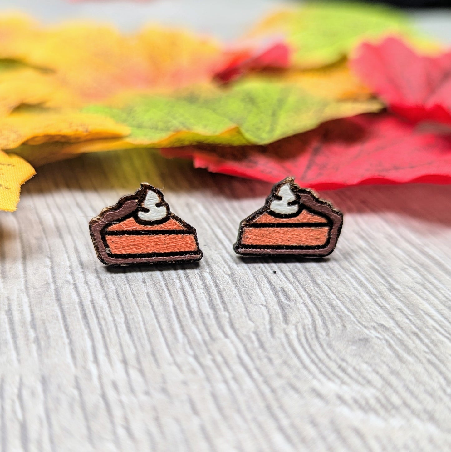 Hand painted pumpkin pie wooden stud earrings