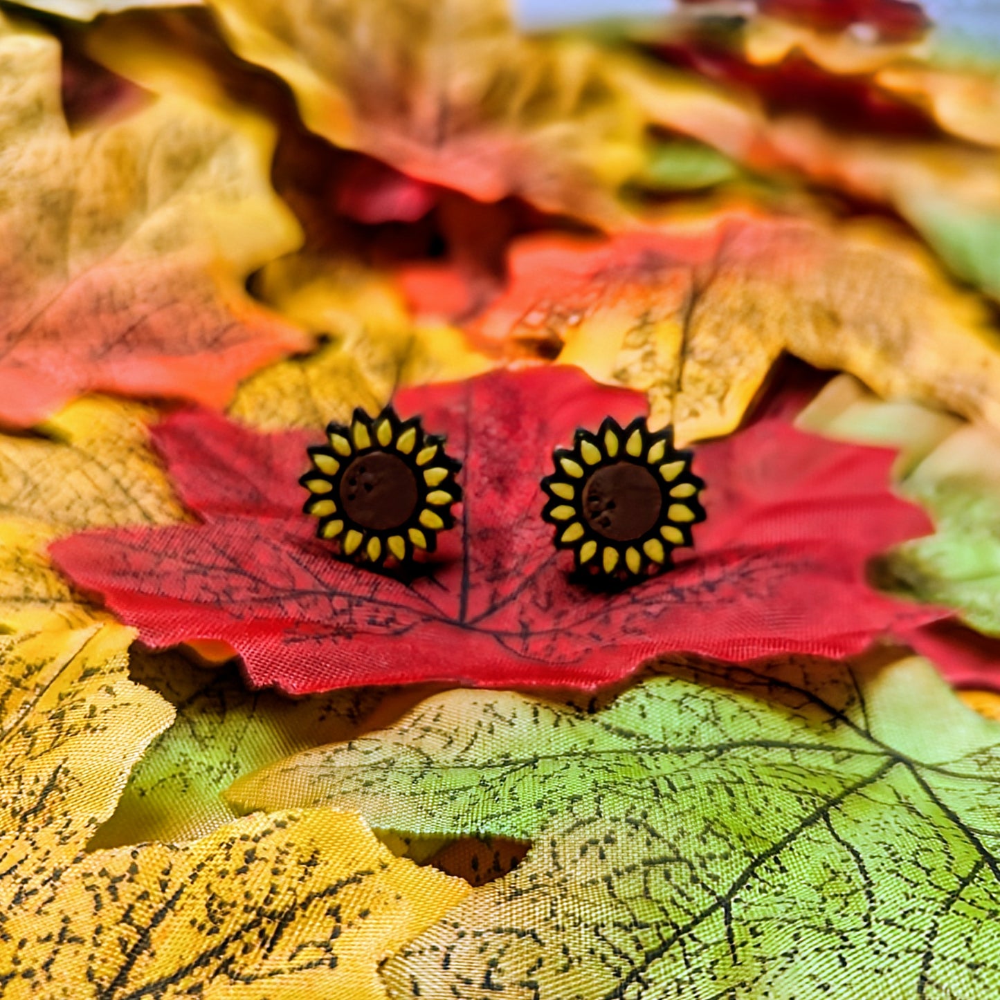 Hand painted sunflower wooden stud earrings