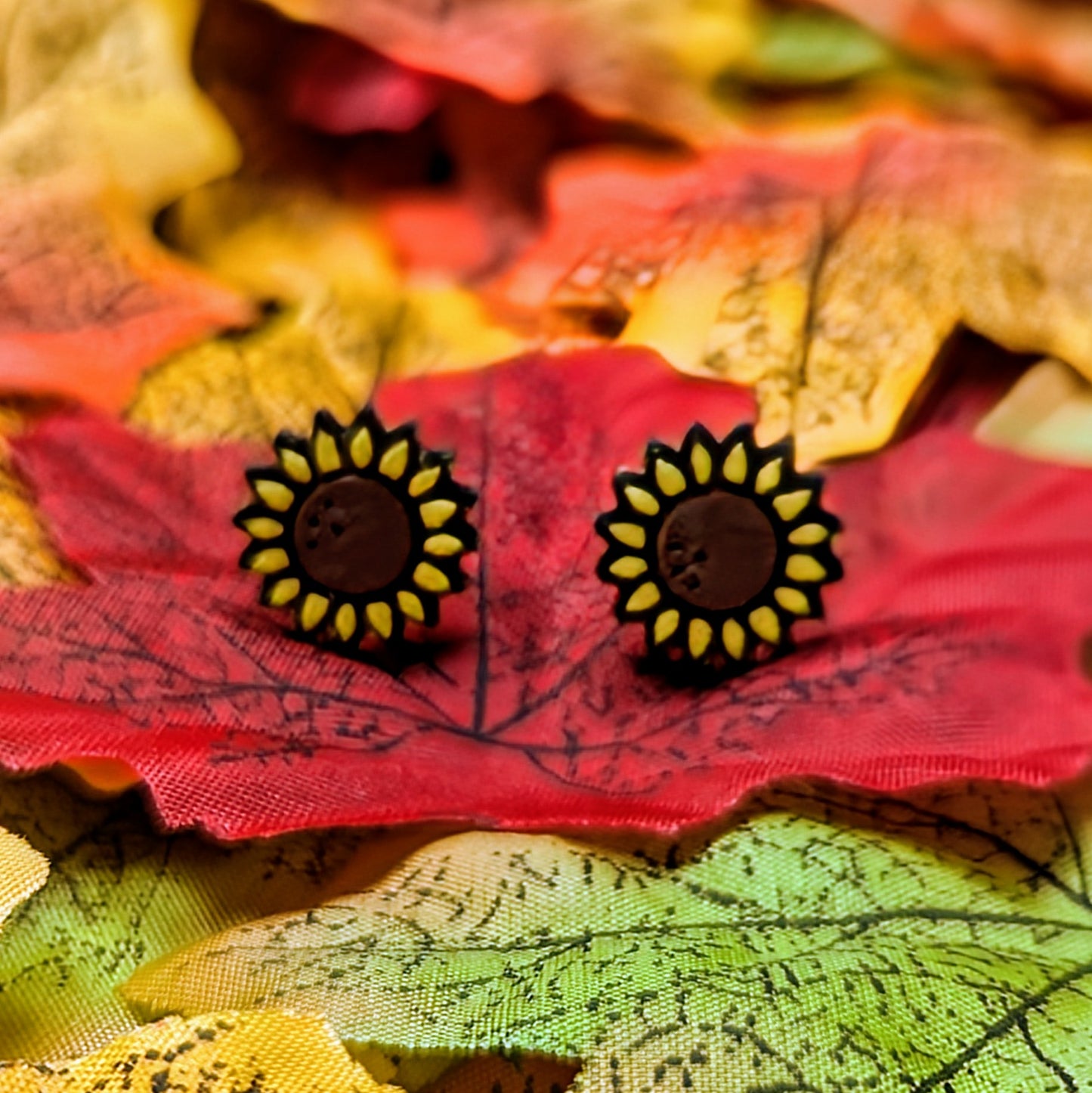 Hand painted sunflower wooden stud earrings