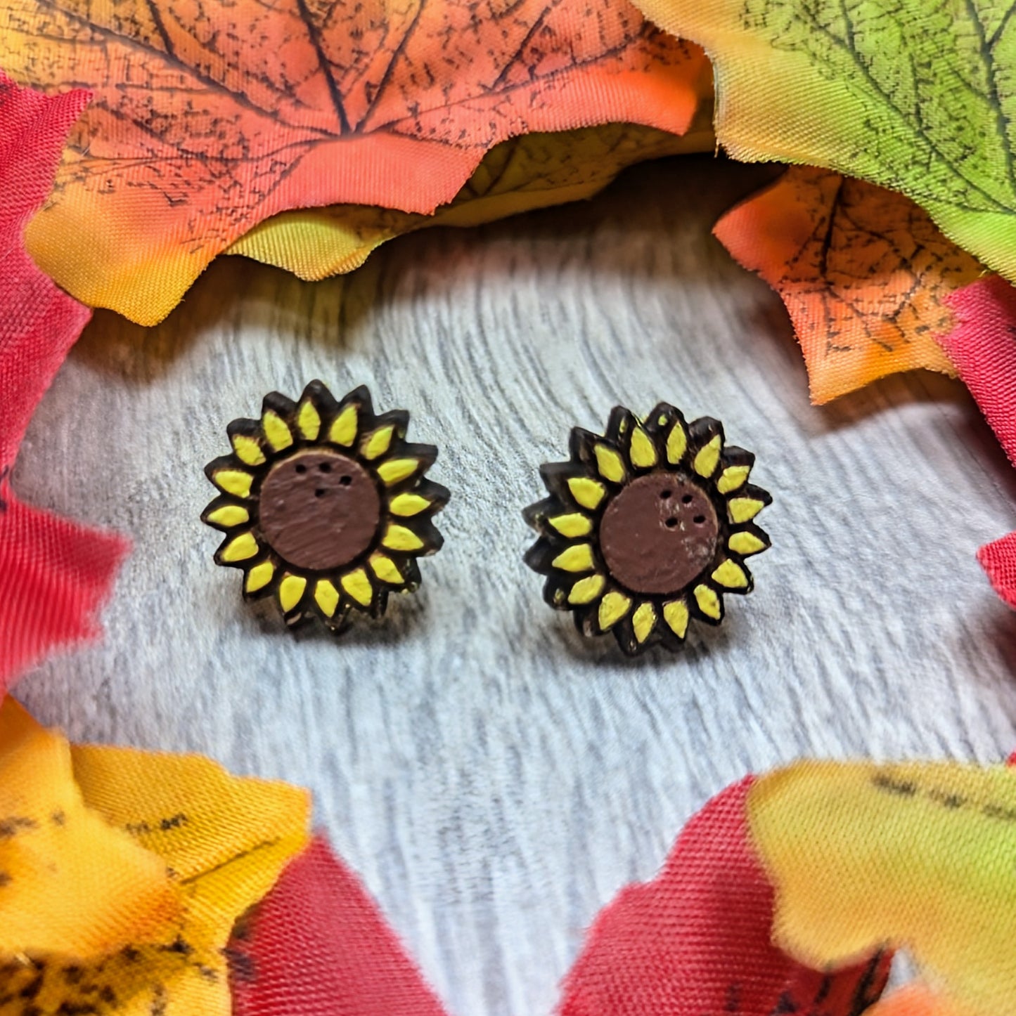 Hand painted sunflower wooden stud earrings
