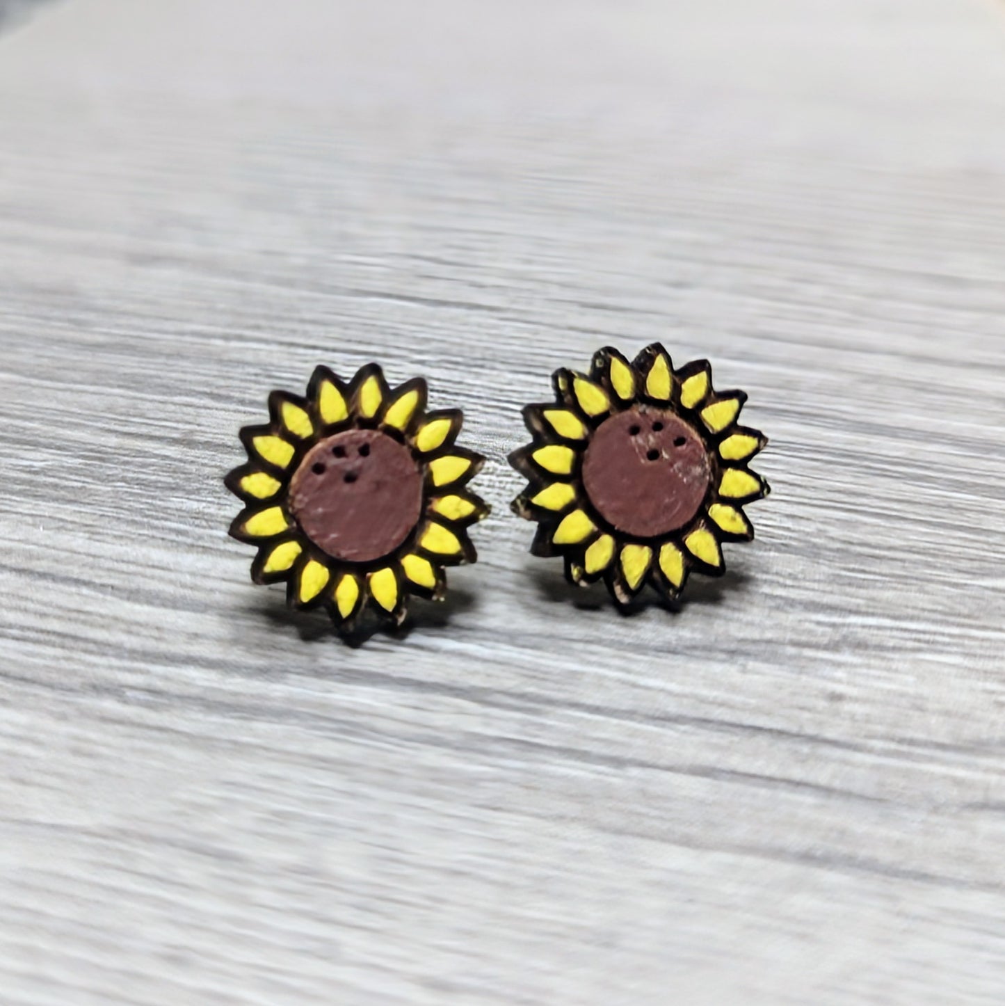 Hand painted sunflower wooden stud earrings