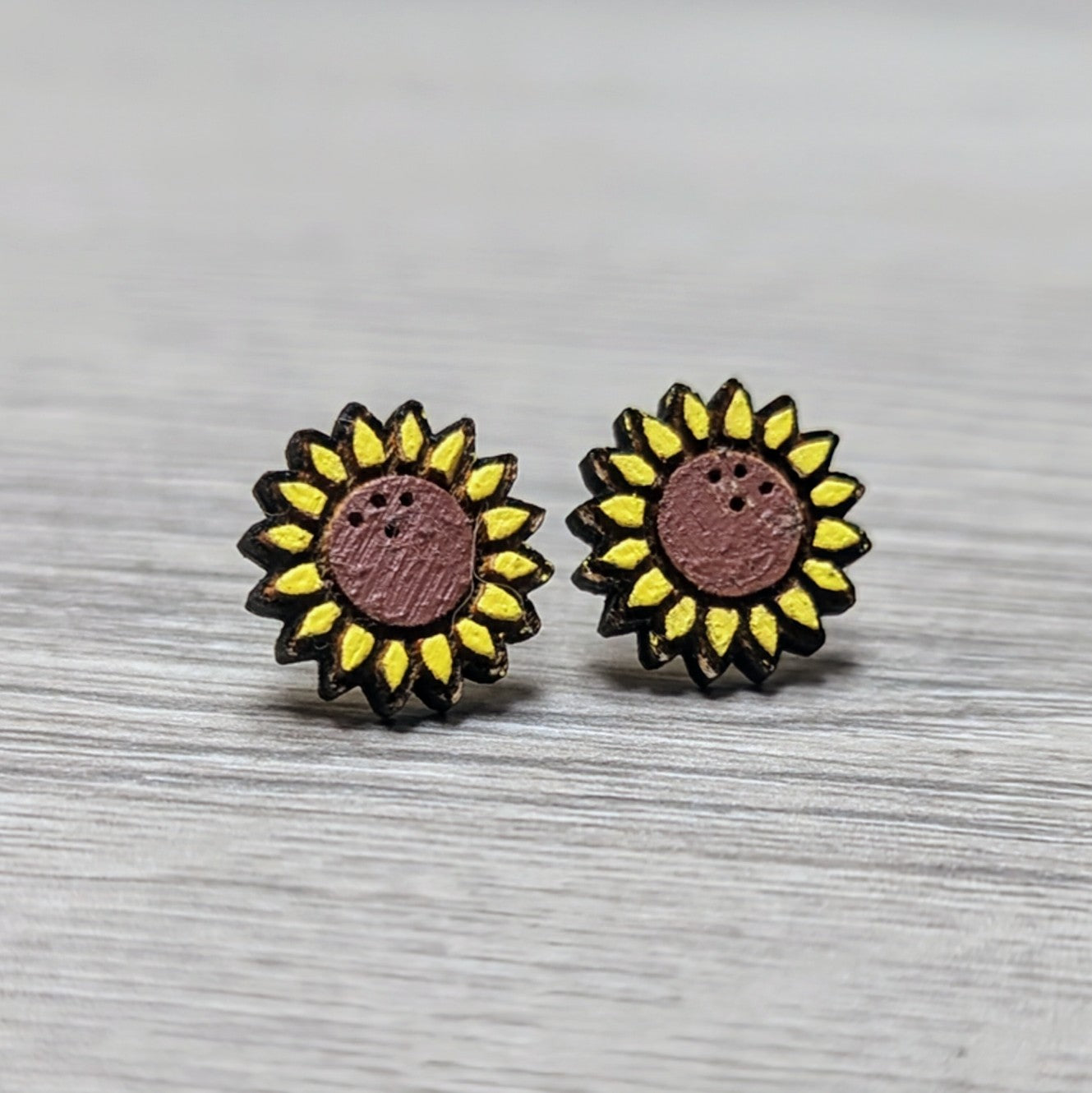 Hand painted sunflower wooden stud earrings