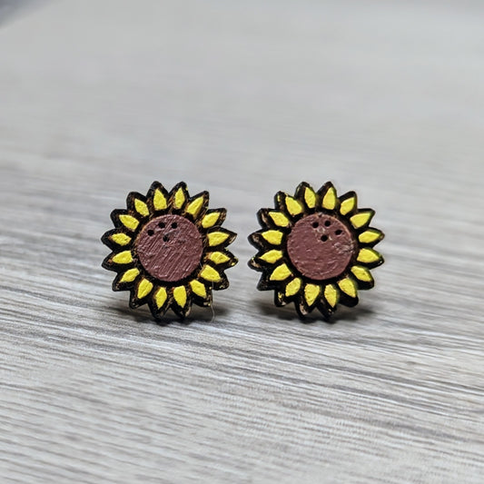 Hand painted sunflower wooden stud earrings