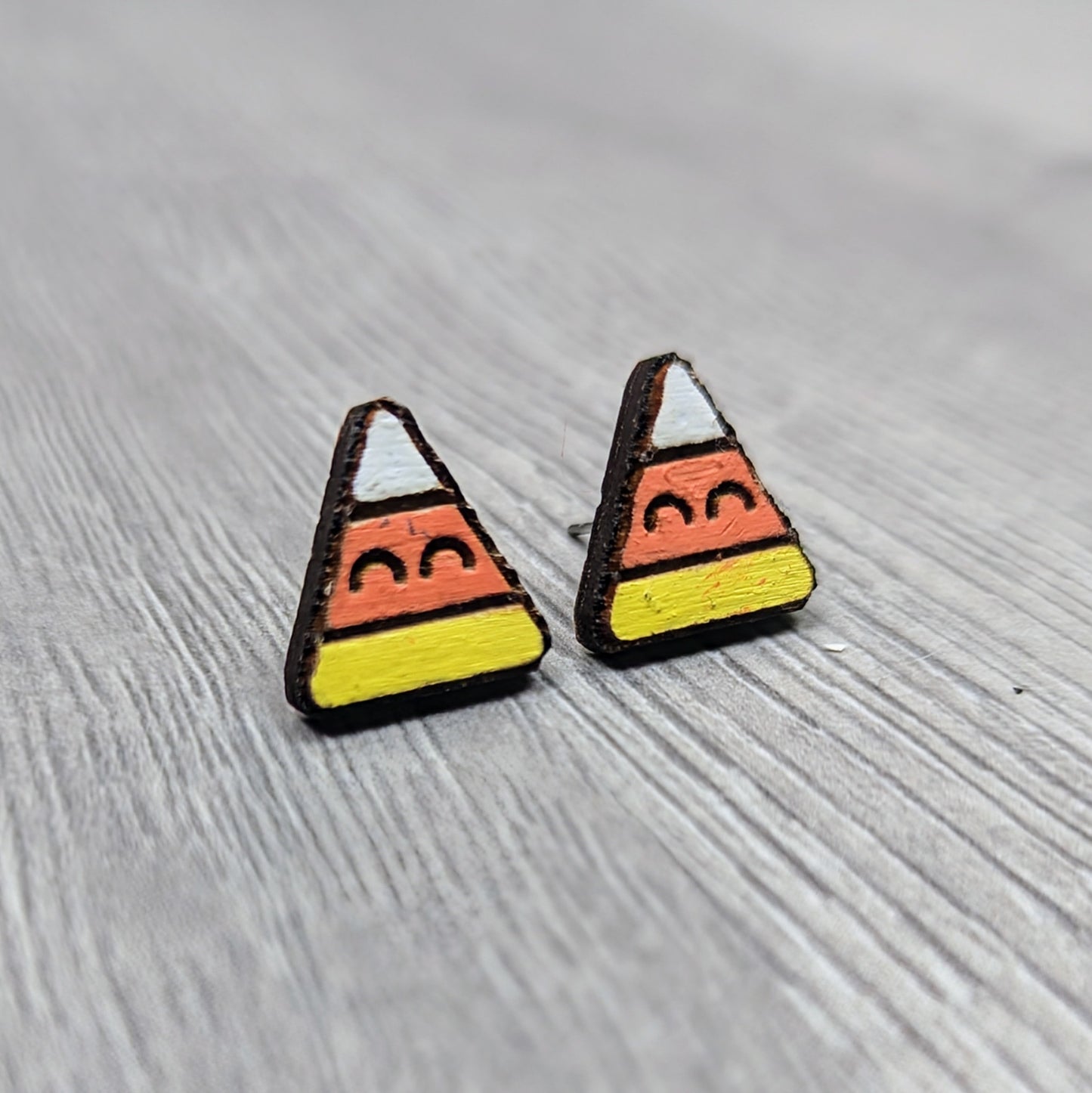 Hand painted candy corn wooden stud earrings