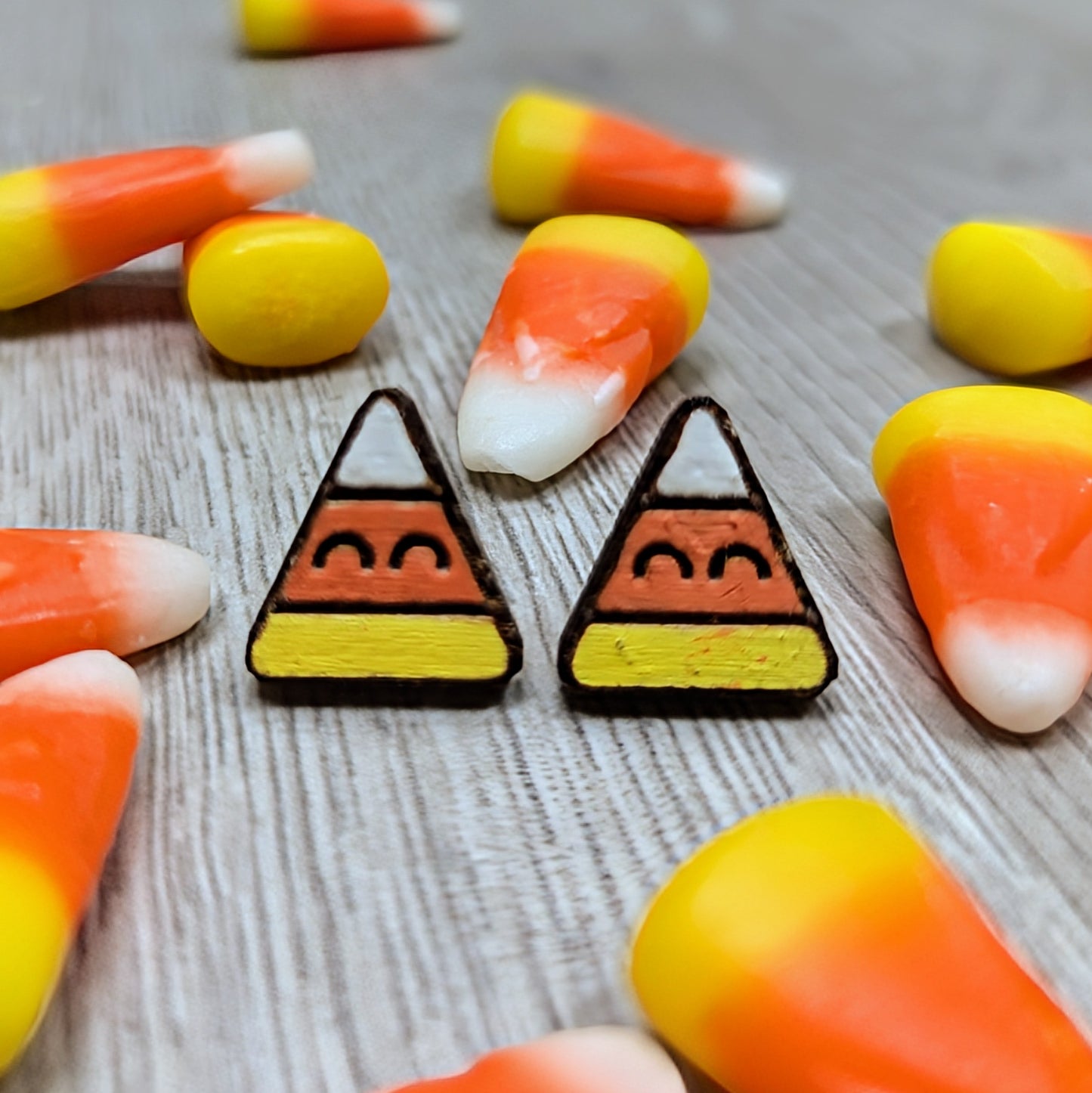 Hand painted candy corn wooden stud earrings