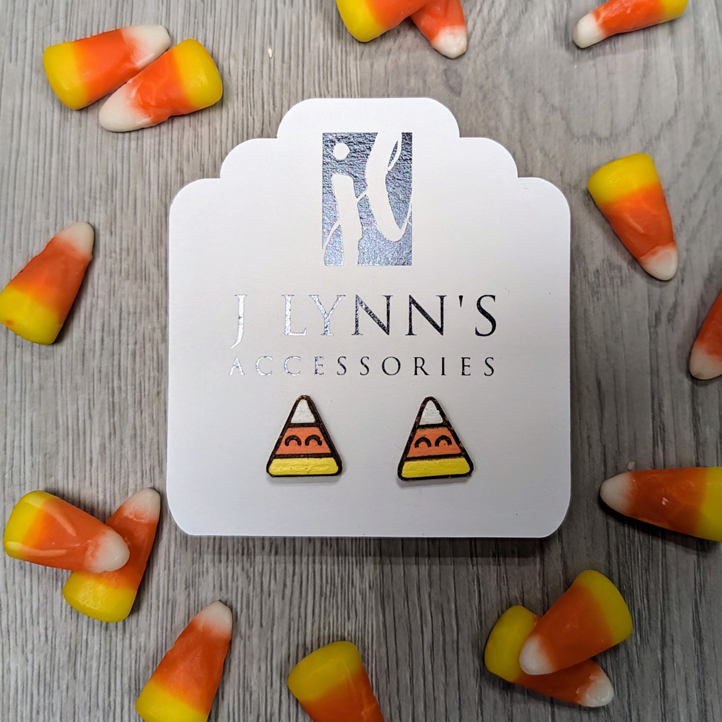 Hand painted candy corn wooden stud earrings