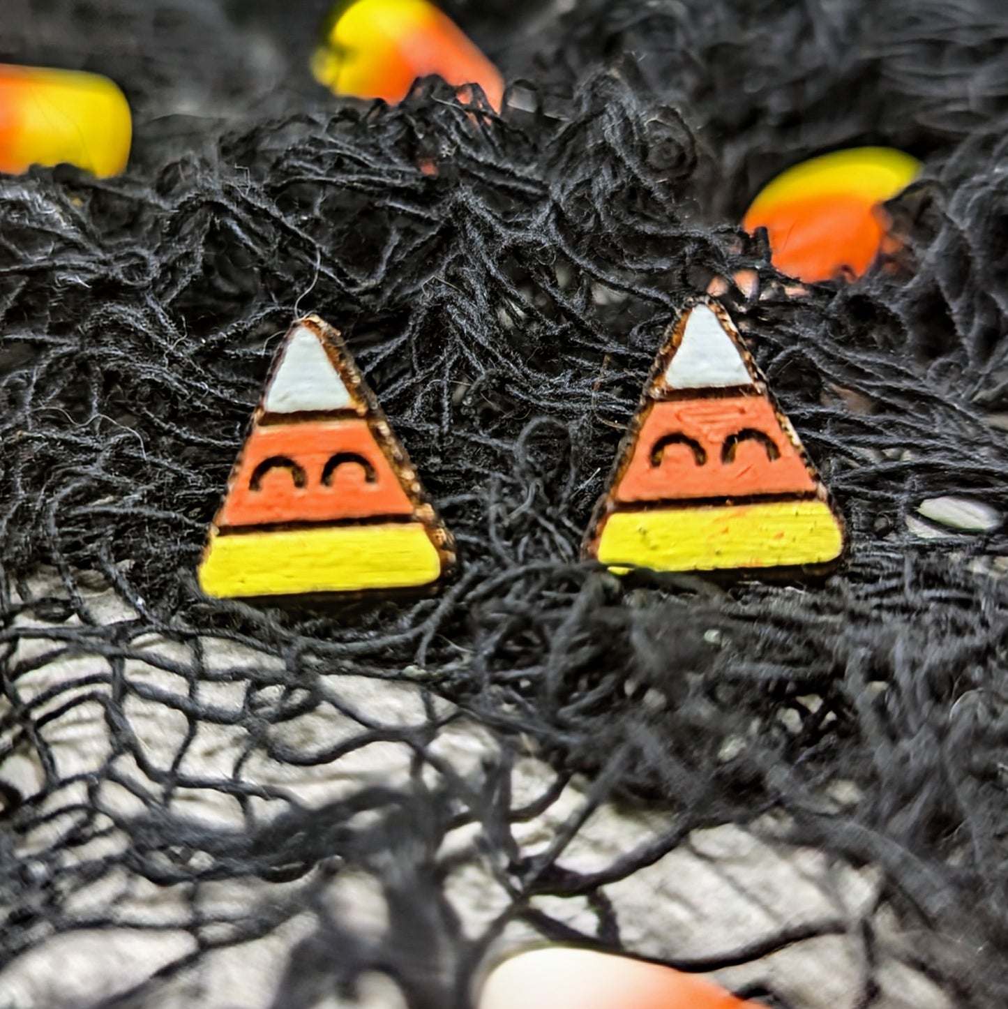 Hand painted candy corn wooden stud earrings