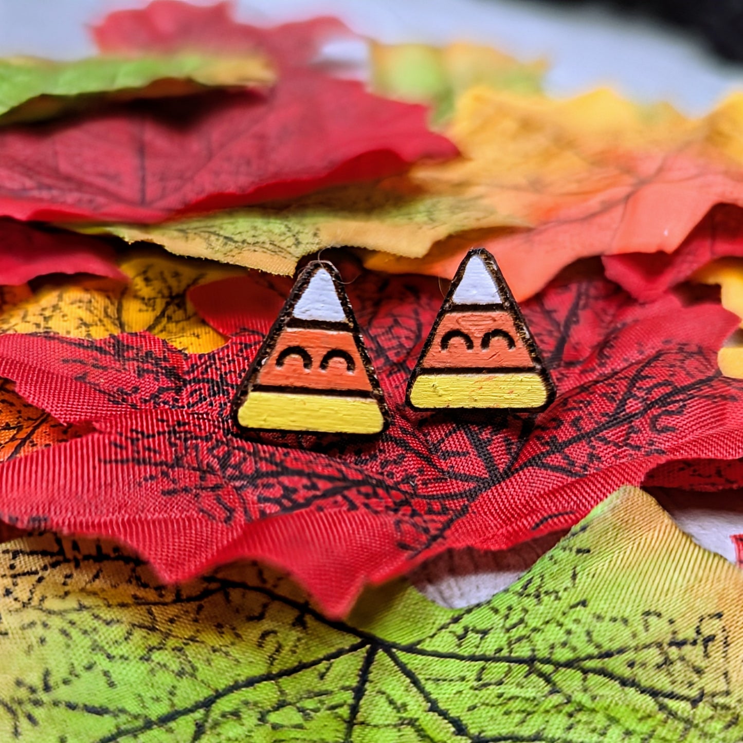 Hand painted candy corn wooden stud earrings