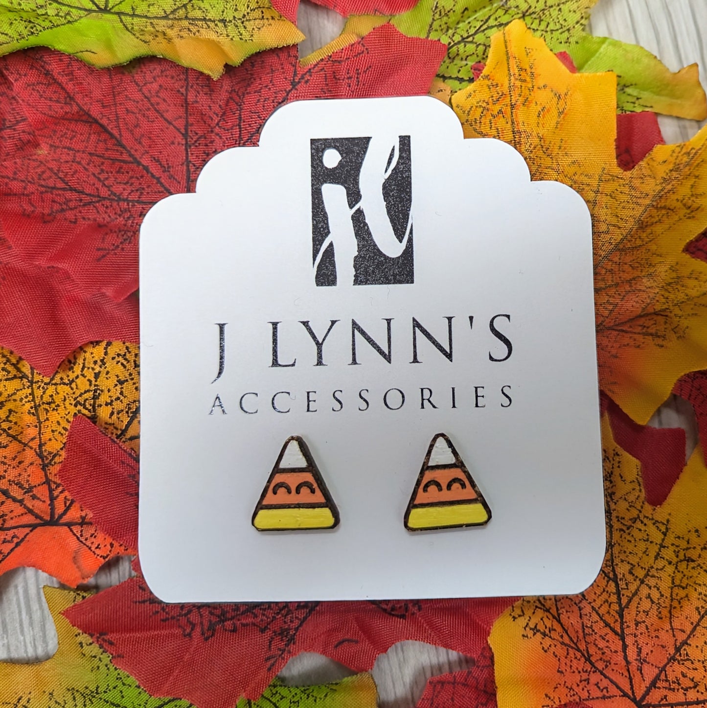 Hand painted candy corn wooden stud earrings