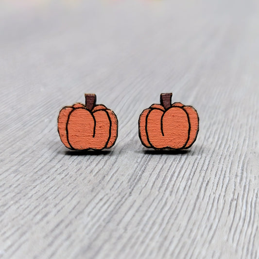 Hand painted wooden pumpkin stud earrings