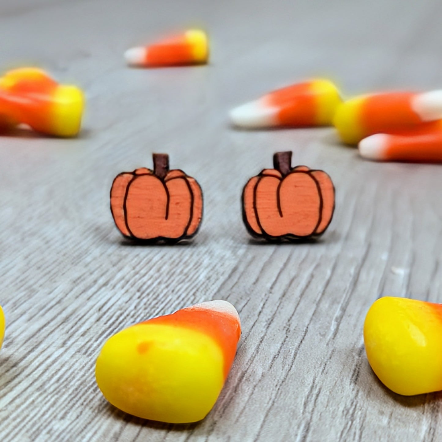 Hand painted wooden pumpkin stud earrings
