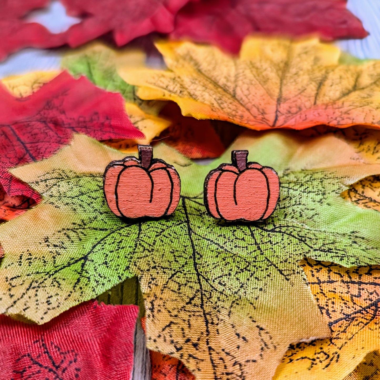 Hand painted wooden pumpkin stud earrings