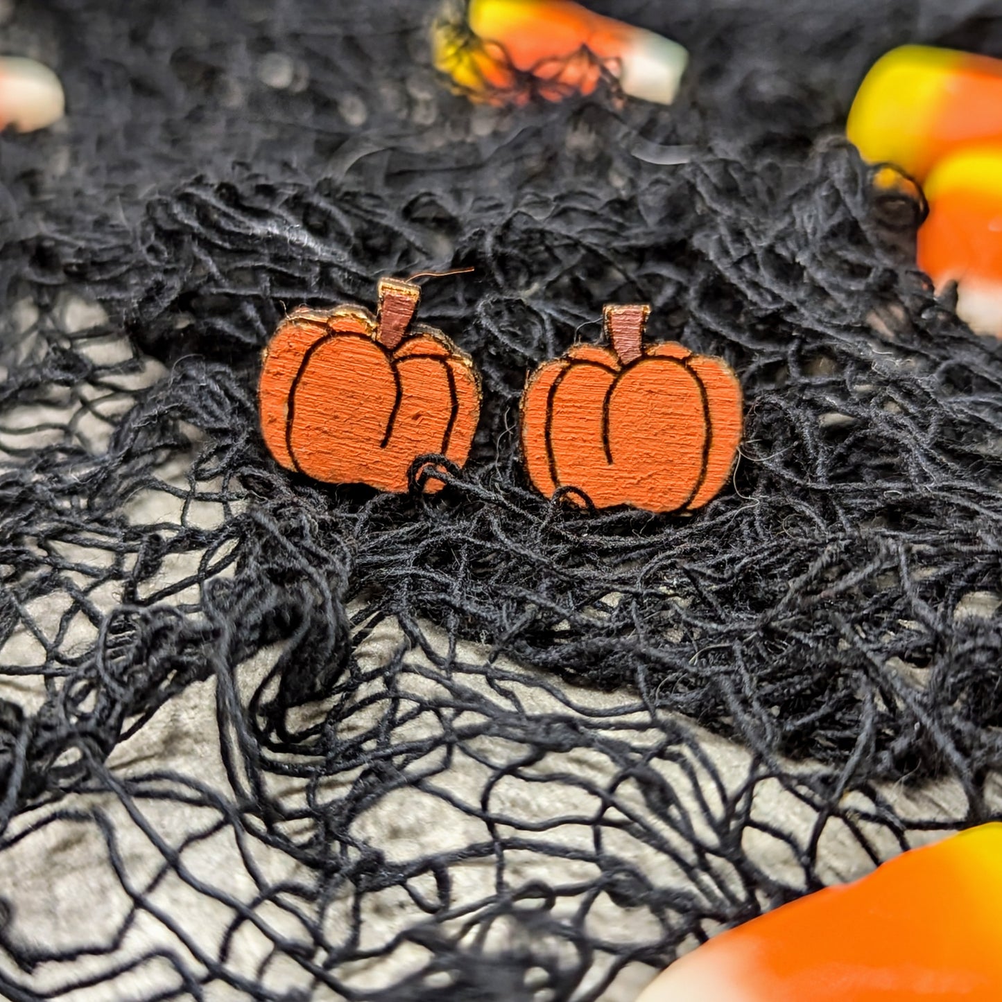 Hand painted wooden pumpkin stud earrings