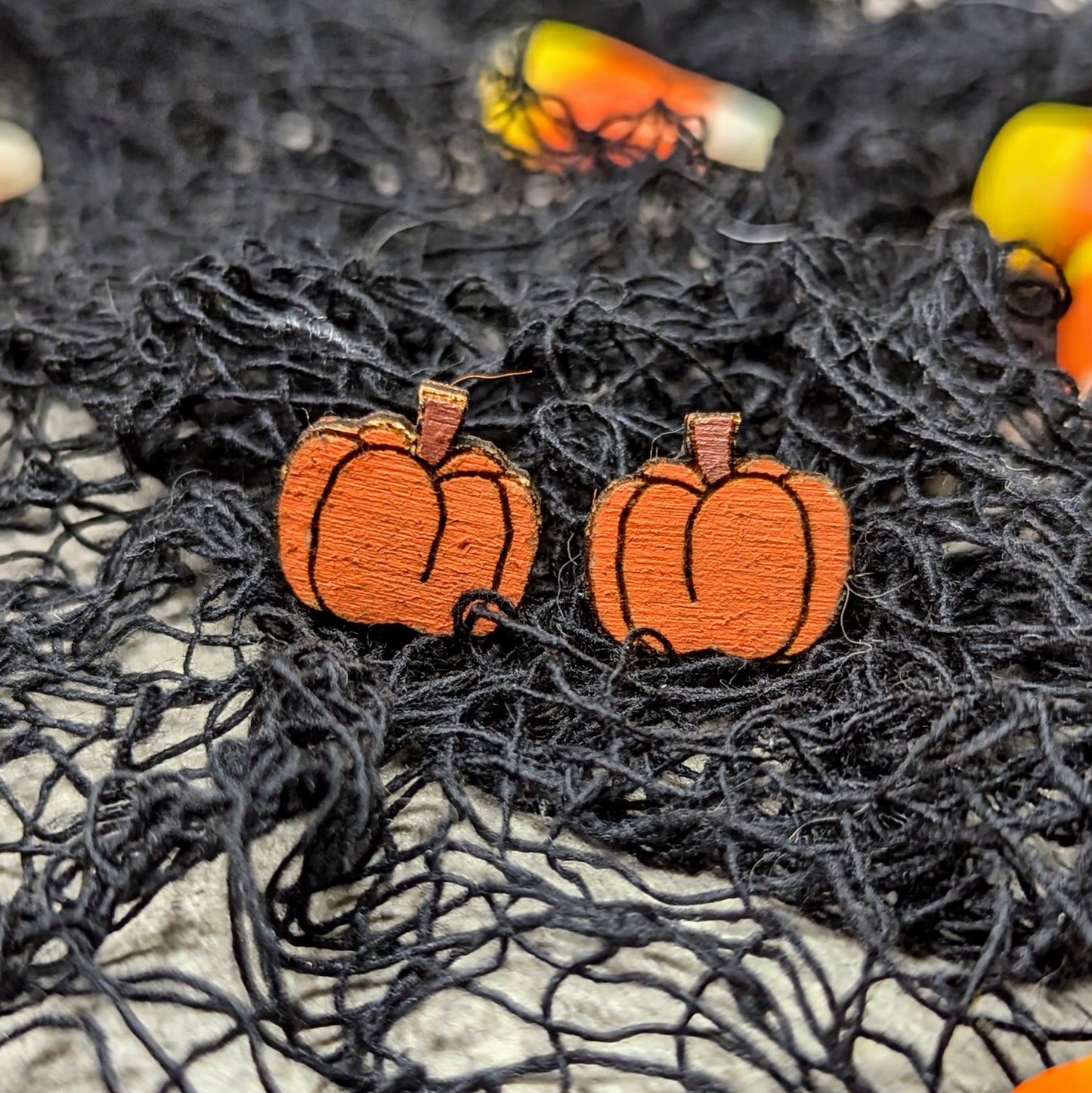 Hand painted wooden pumpkin stud earrings