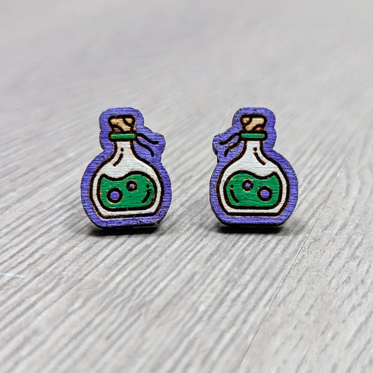 Hand painted poison bottle wooden stud earrings